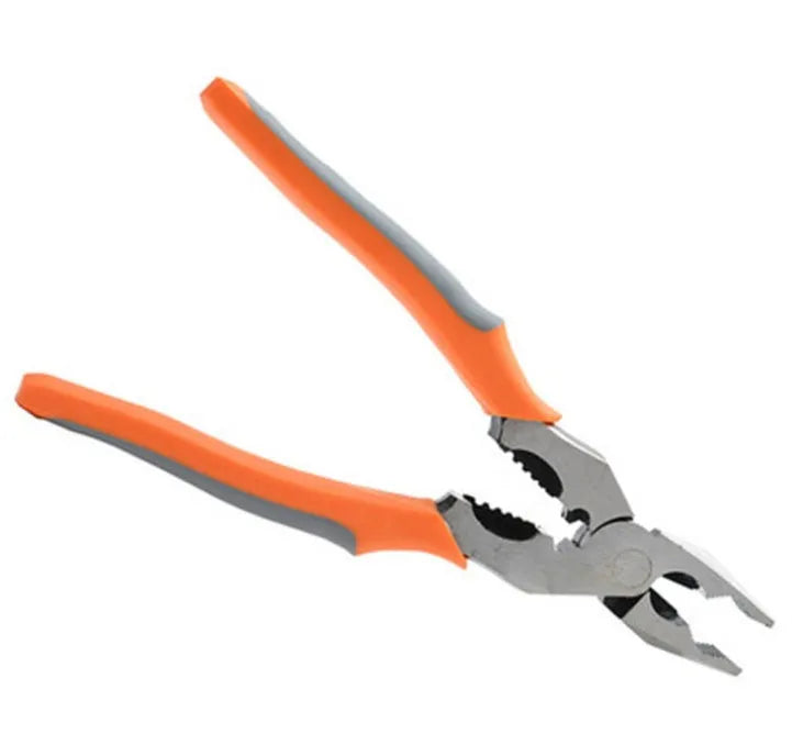 Orange-handled 9-inch multi-function wire cutter pliers with chrome steel head for cutting and stripping wire.