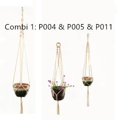Woven wire cotton rope macramé plant hanger in a European village style, shown as a desktop, wall-mounted, and hanging basin.