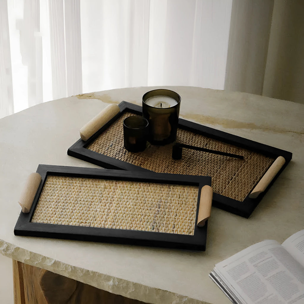 Pine wooden dining tray with compartments shown in large and small size options.