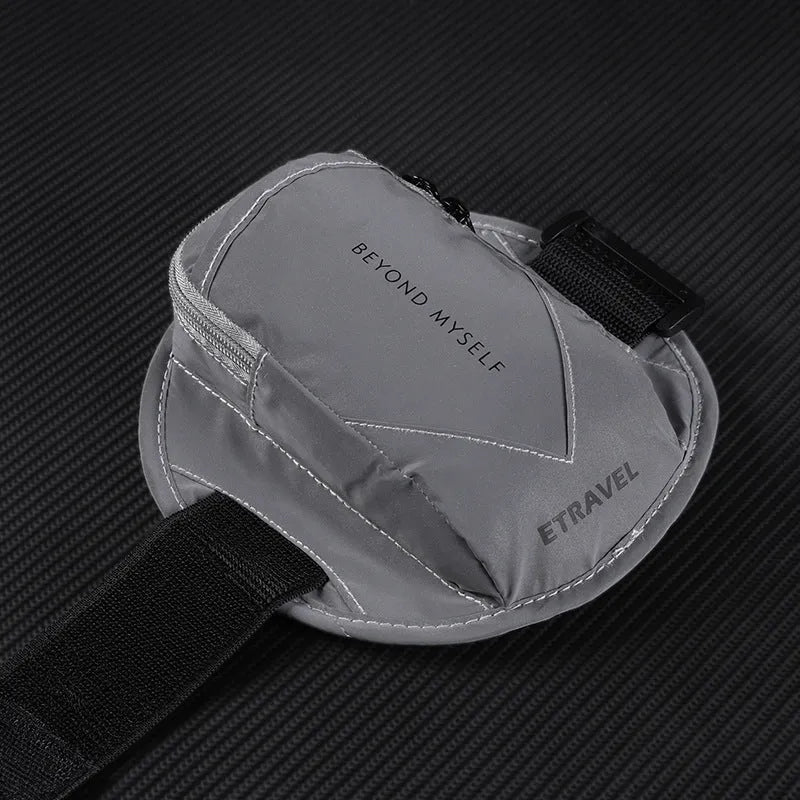 Reflective running arm bag with adjustable strap showing capacity for 7-inch phones