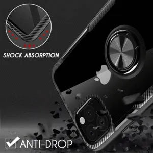 Black iPhone case with integrated car holder on the back, showing button cut-outs and PU leather texture.