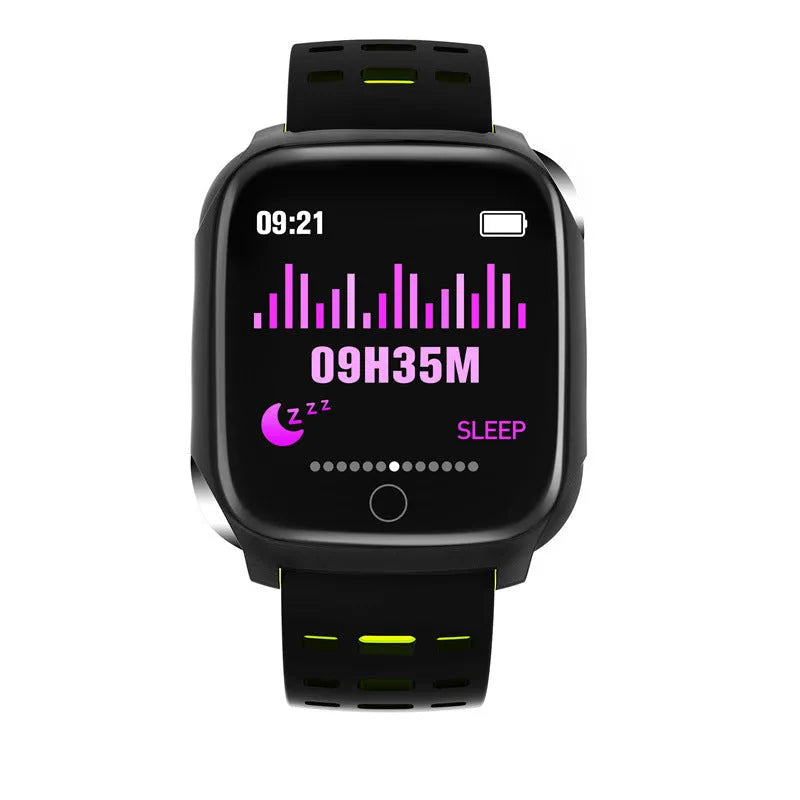 F16 smart watch with ECG display on wrist, showing black green silicone band.