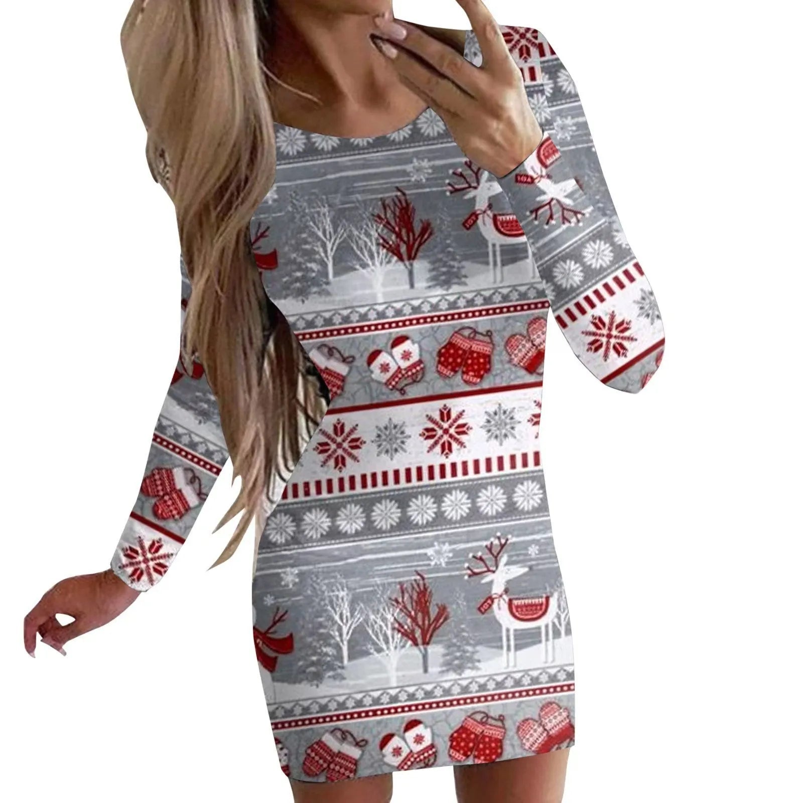 Women's tight-fitting Christmas dress with animal print and long sleeves in a floral colour.