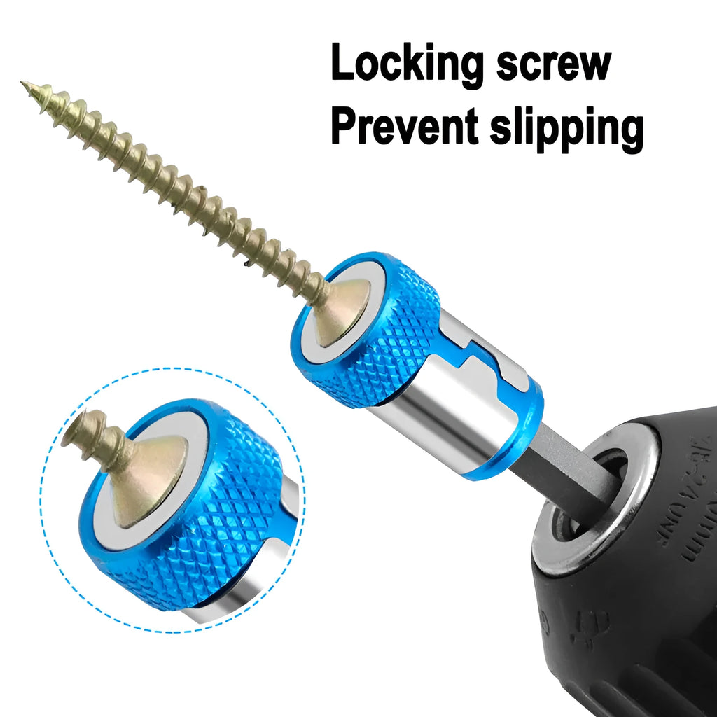 Light blue magnetic screwdriver bit for slotted screws on a plain background.