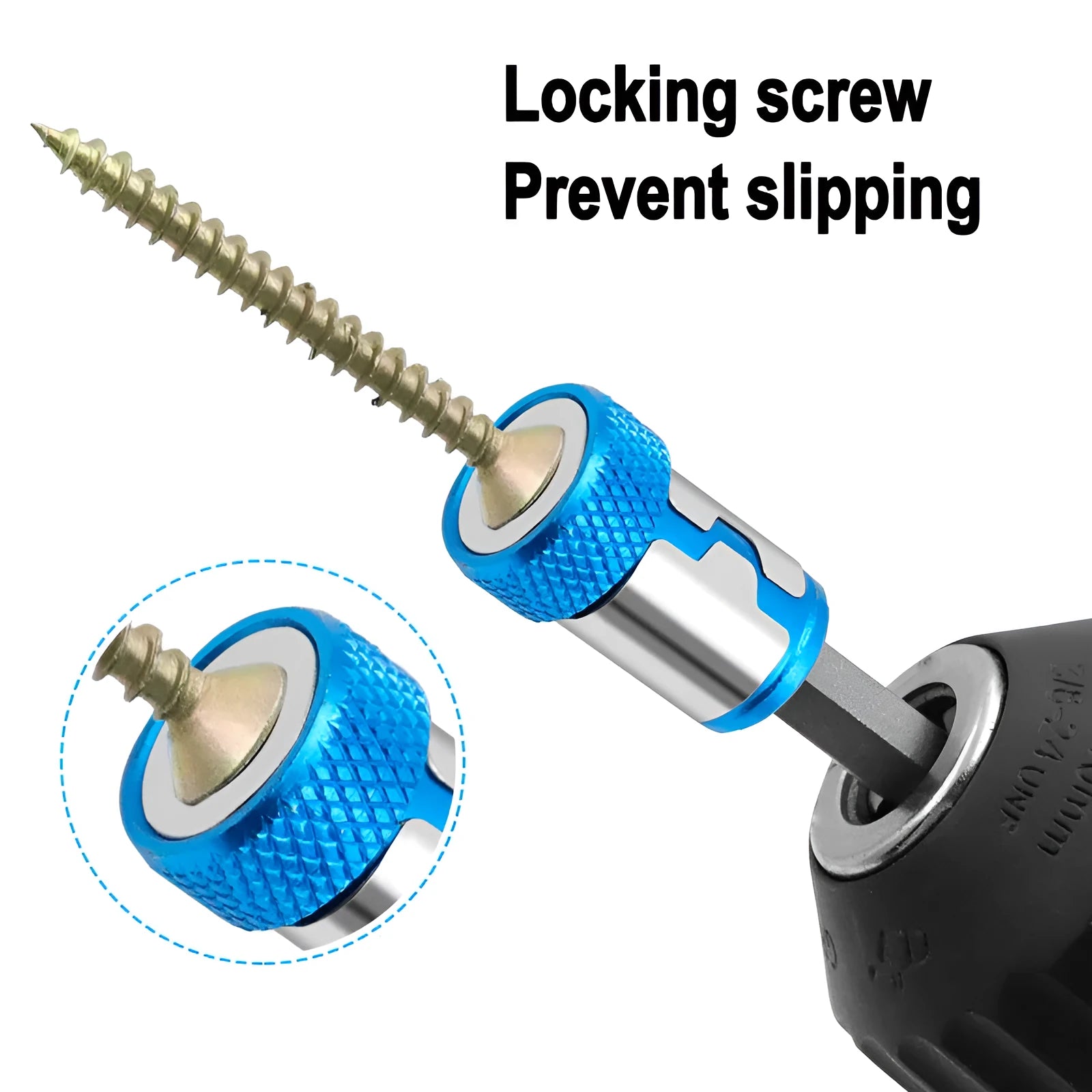 Light blue magnetic screwdriver bit for slotted screws on a plain background.