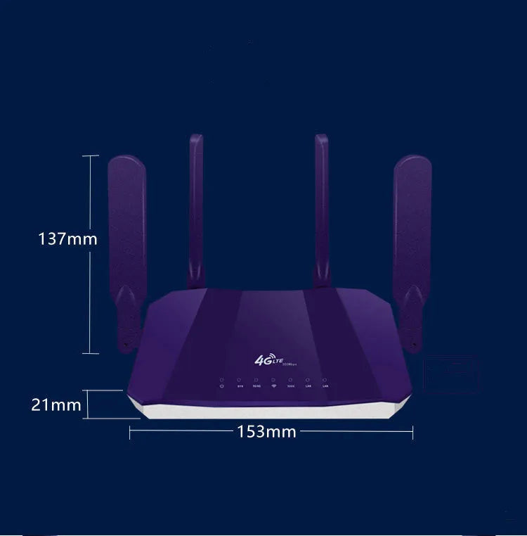 Blue 4G dual-mode router with four external antennas for wireless and wired internet connectivity