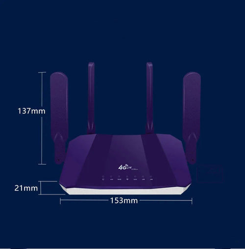 Blue 4G dual-mode router with four external antennas for wireless and wired internet connectivity
