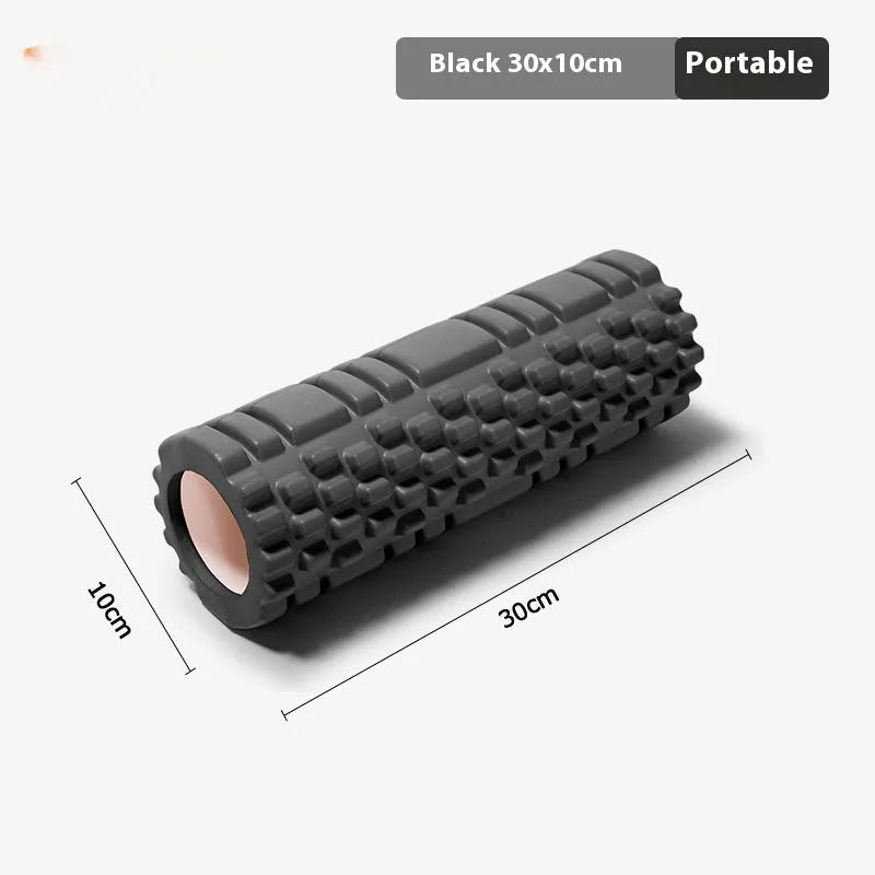 EVA foam roller for fitness in black, grey, pink, sky blue, or light purple, showing 30cm and 33cm size options.