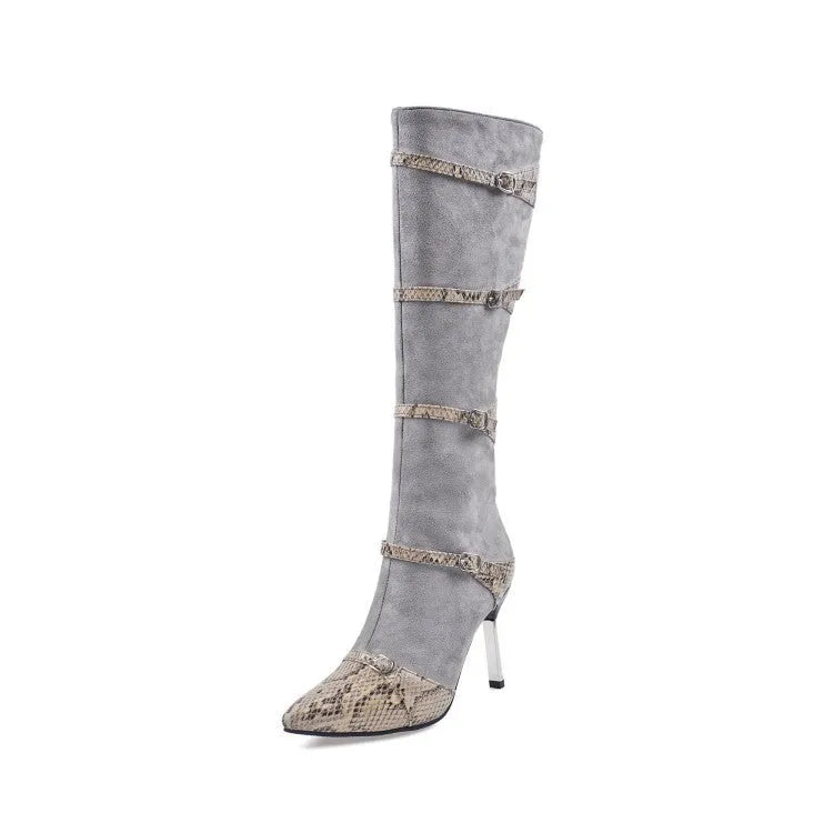 Grey and black women's knee-high high-heel boots with a thin 9cm heel and velvet lining.