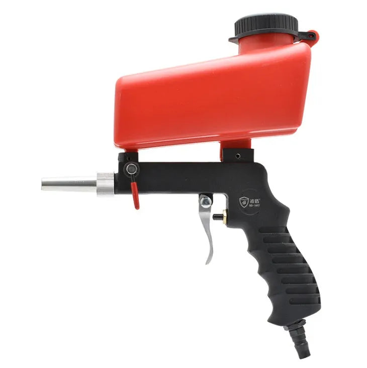 Portable black or blue gravity feed pneumatic sandblasting gun with tank and nozzle.