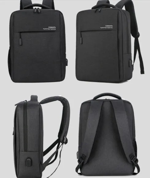 Waterproof rechargeable backpack laptop bag in black for a 15.6-inch computer.