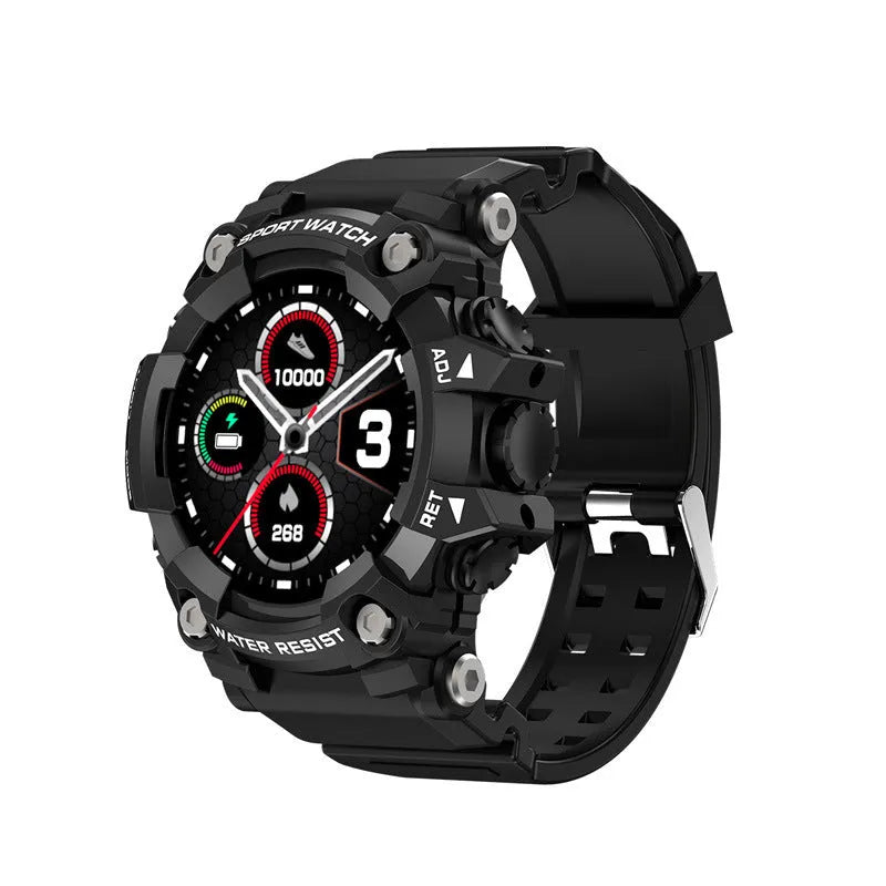 Black T6 tactical rugged smart watch with 1.3 inch screen on an anti-sweat double-clasp wrist strap.