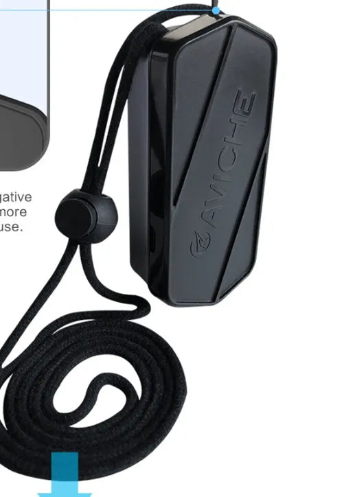 Black plastic air purifier necklace unit measuring 80mm wide by 37mm high by 24mm deep