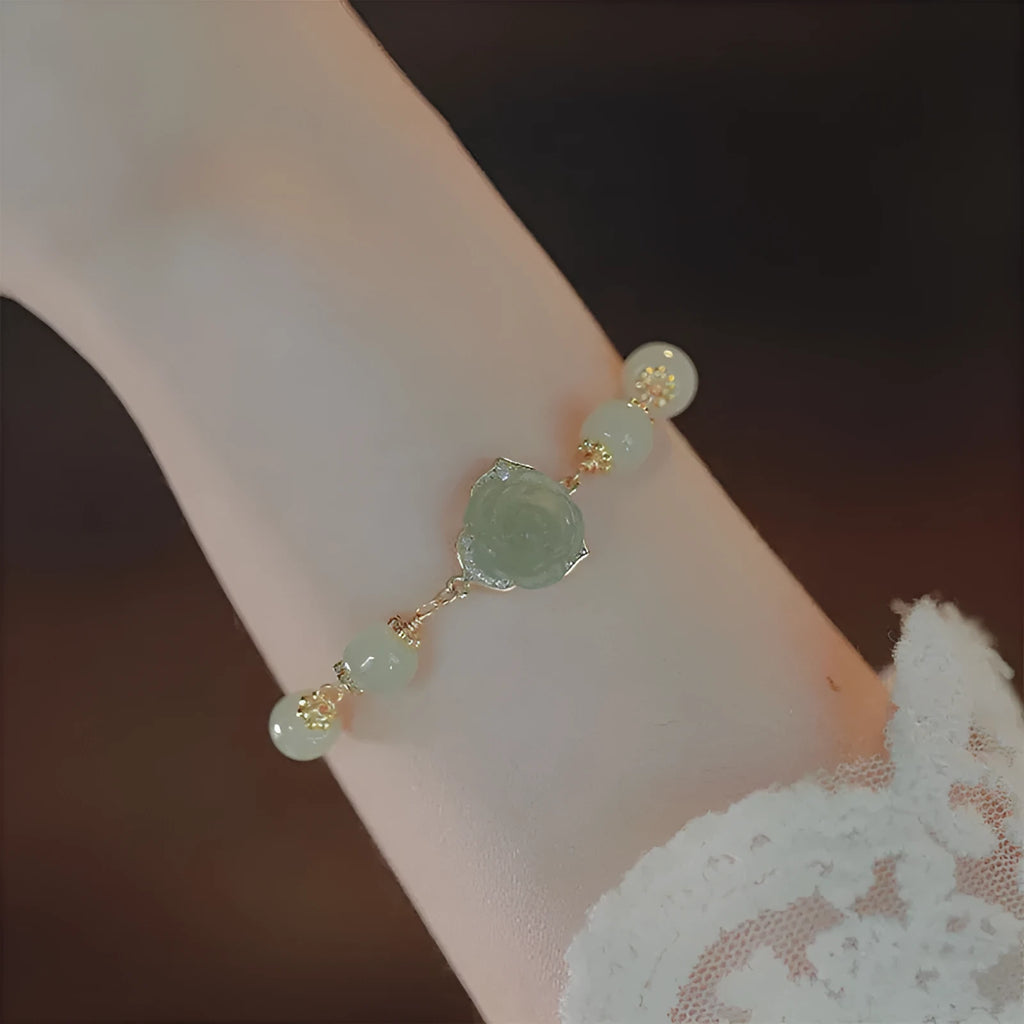 Women's Hetian jade bracelet with rose flower design and 14K gold plating, literary style