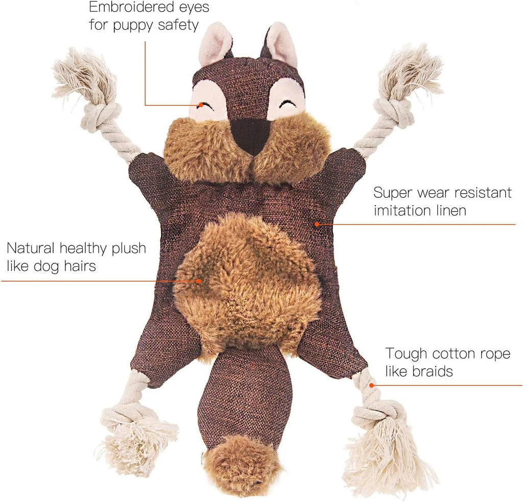 Brown plush fox dog toy with embroidered eyes, rope arms, and a squeaker in its head.