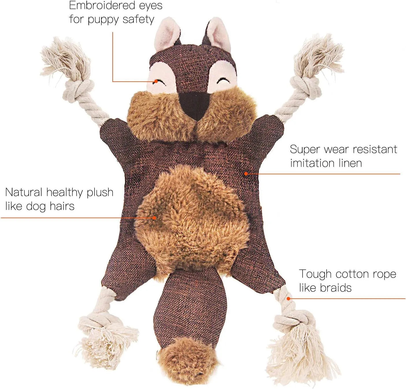 Brown plush fox dog toy with embroidered eyes, rope arms, and a squeaker in its head.