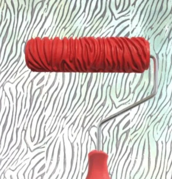 Red 7 inch paint embossing roller with patterned rubber surface for textured wall effects
