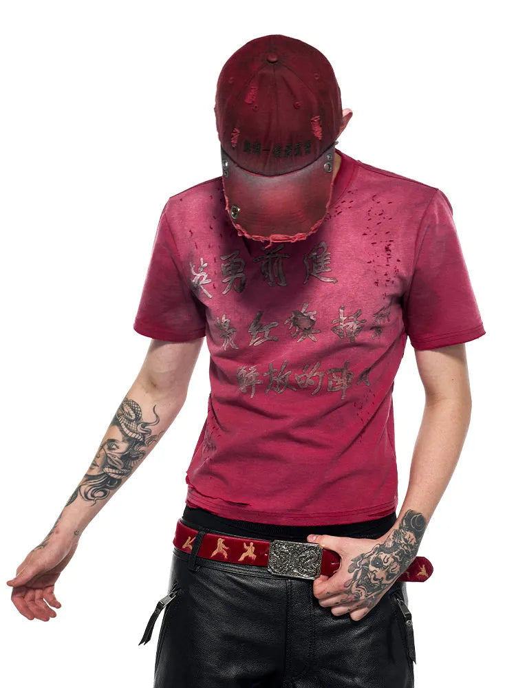 Men's red distressed slim-fit t-shirt with spray washed detailing and short sleeves