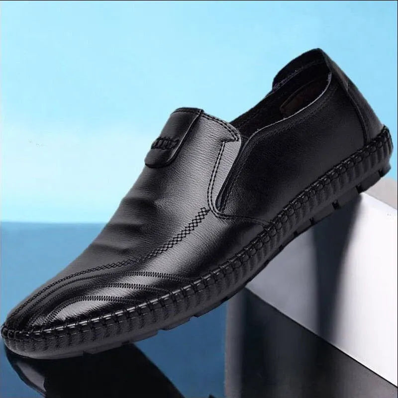 Men's black and brown PU leather shoes with flat heel and plain toe design