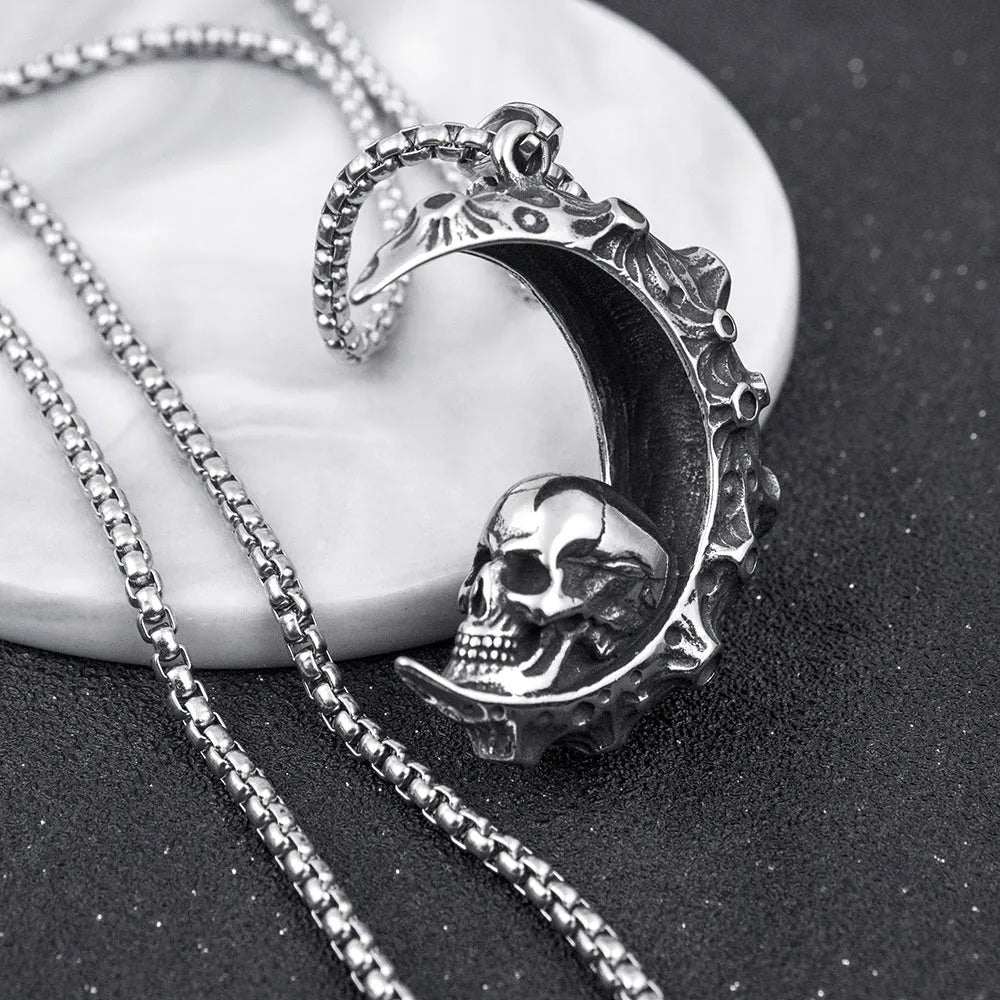 Men's silver stainless steel necklace with alloy skull pendant and matching chain