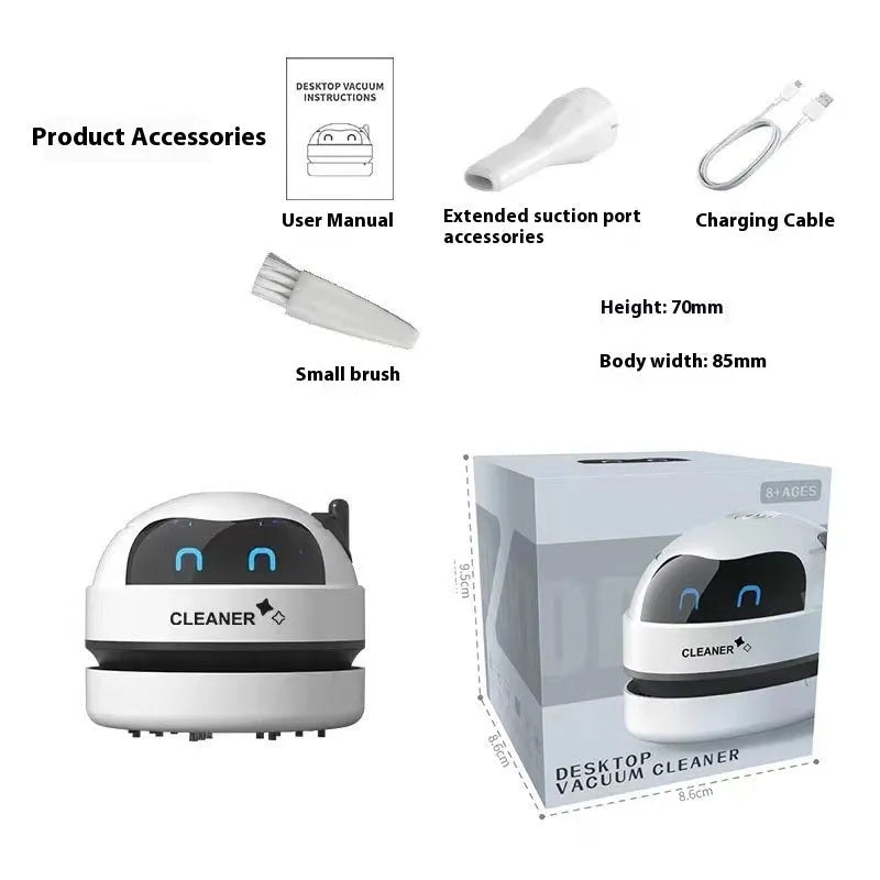 USB charging handheld desktop vacuum cleaner in multiple colour options including blue, orange, and grey white designs