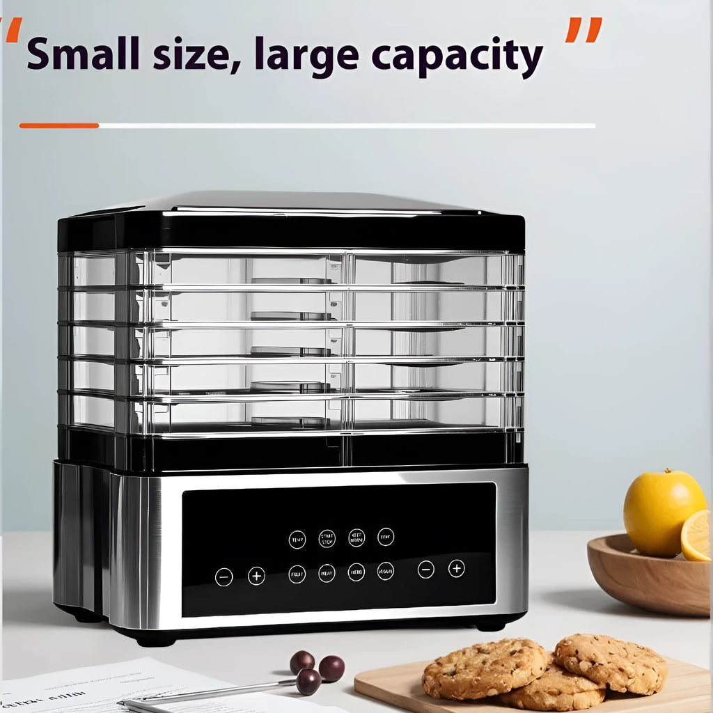 Silver stainless steel food dehydrator appliance with digital controls on a kitchen counter.
