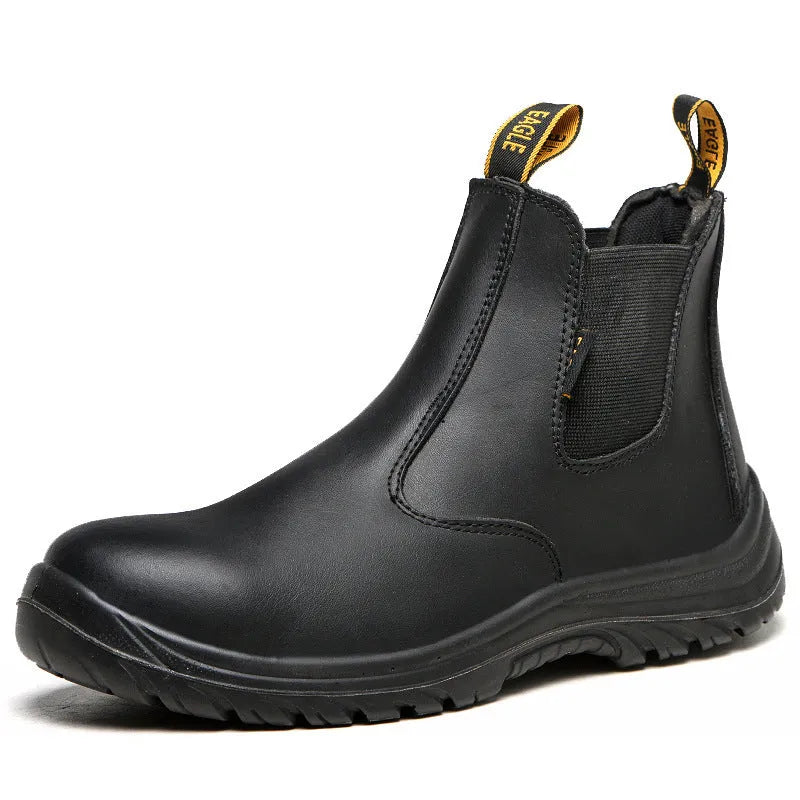 Black leather safety work boots with high-top design and anti-piercing sole