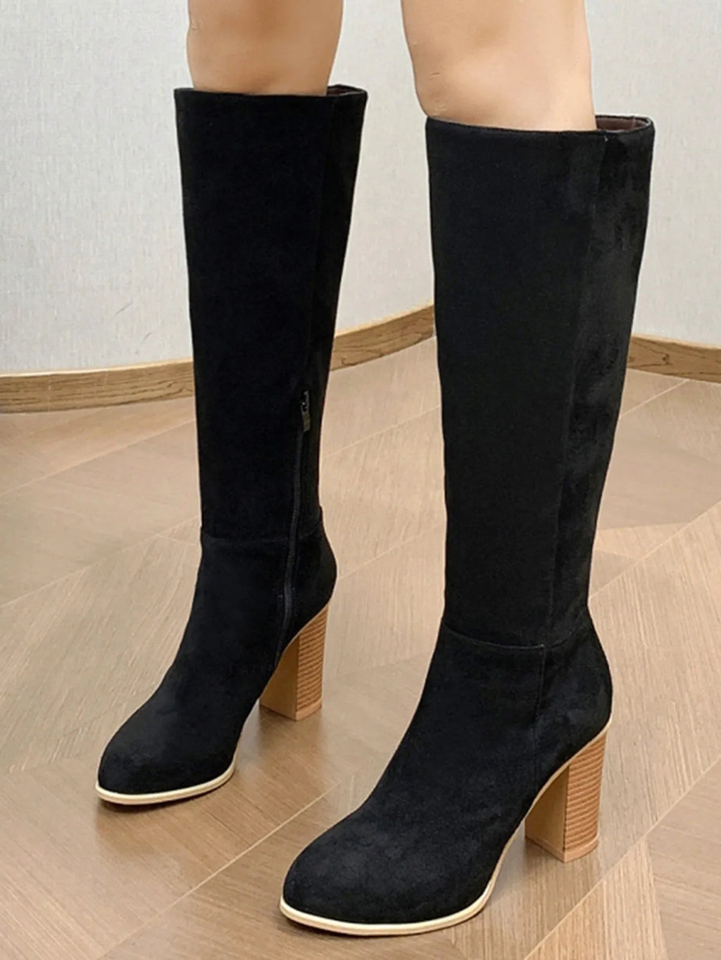 Women's square toe high heel fashion boots in black and dark brown artificial PU available in sizes 36 to 42