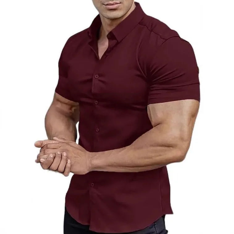 Men's brown short sleeve casual printed shirt with a collar on a hanger.