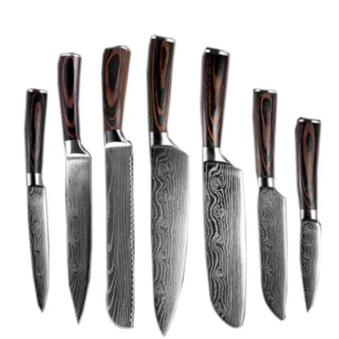 Chef knife with laser Damascus pattern blade, colour steel handle, showing 18cm blade length
