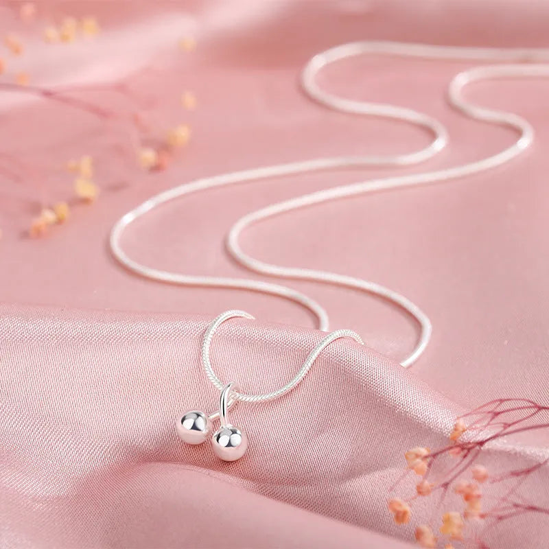Silver cherry necklace for women with adjustable snake bone chain and fruit-shaped pendant