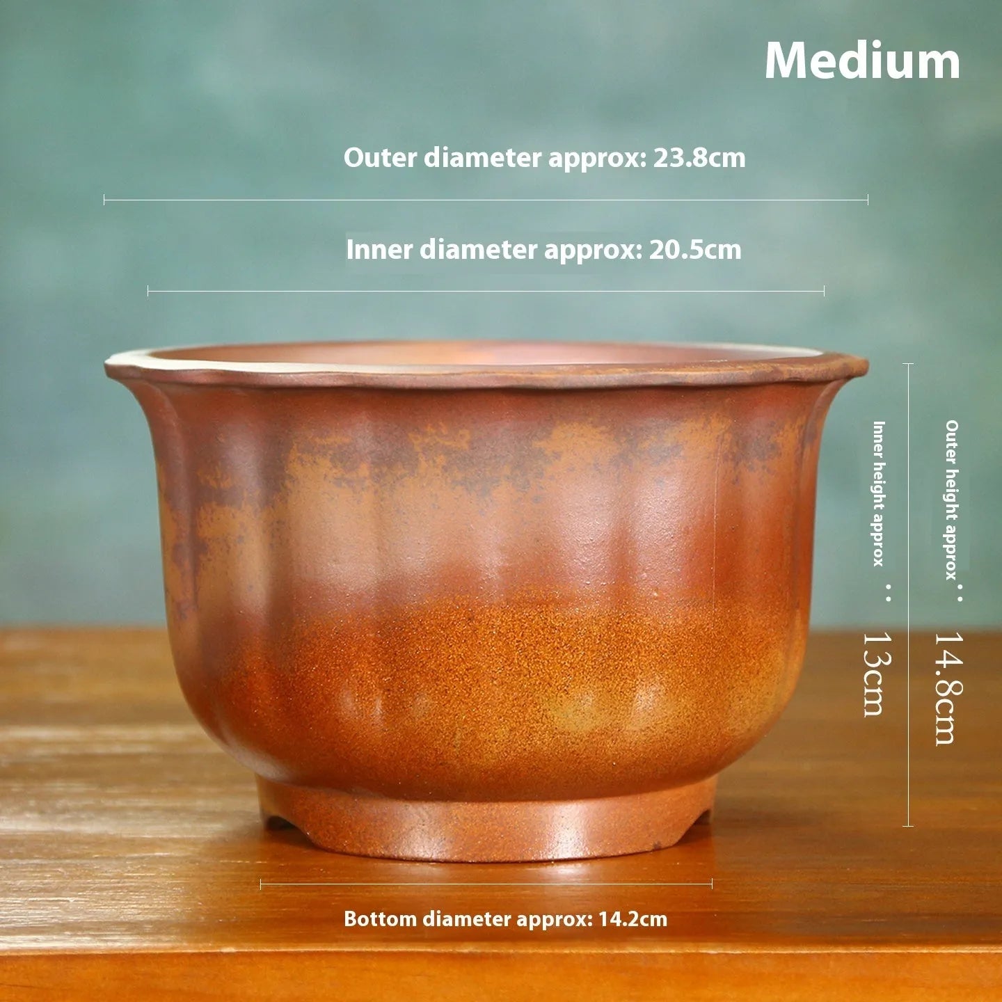 Purple sand ceramic flower pot with antique carved detailing and wood burning finish