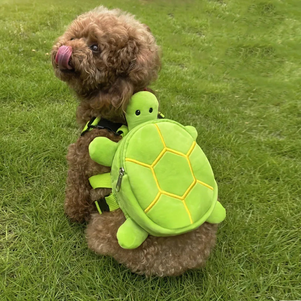 Cartoon turtle shape dog backpack with harness vest in velvet material showing 20x18cm capacity
