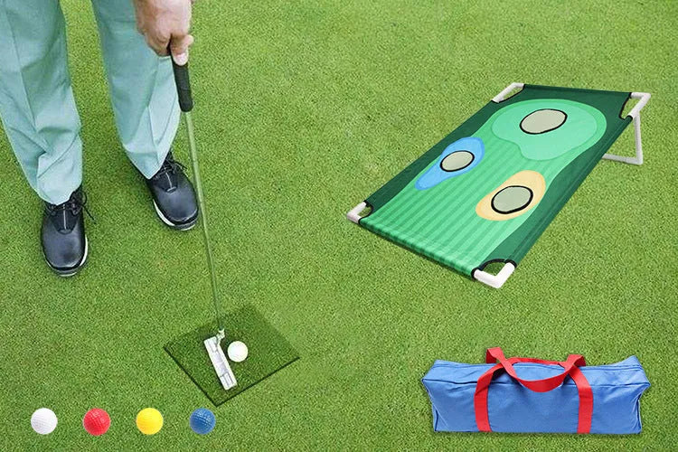 Green 90x60cm golf swing practice net with PVC frame and oxford cloth cover on grass, with straw mat and balls