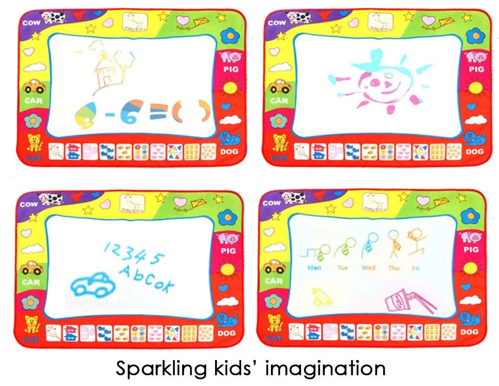 80x60cm children's water doodle drawing mat with two magic pens, showing a white drawing area with foggy letters and numbers around the edge