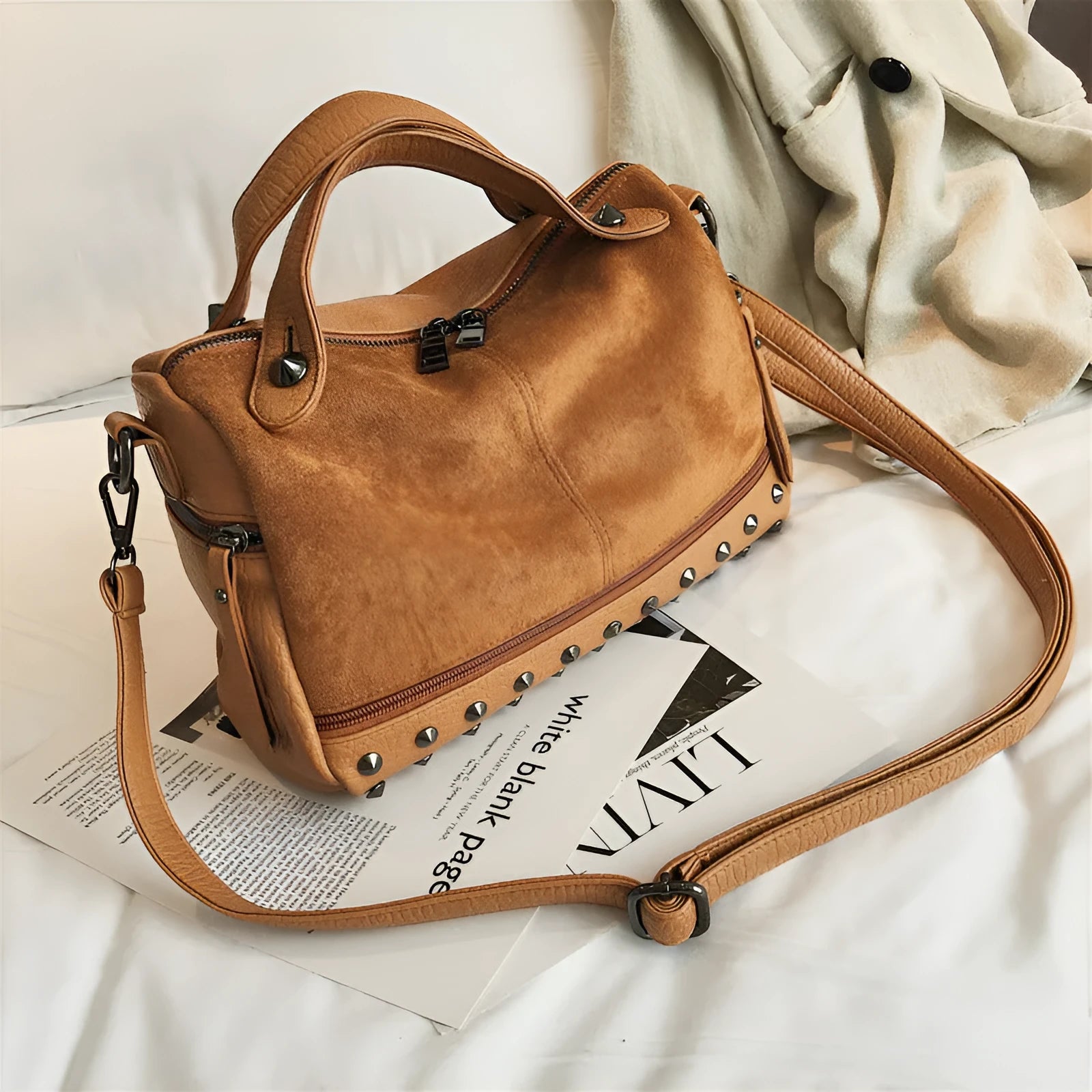Soft PU leather women's tote shoulder bag showing large capacity and zipper closure