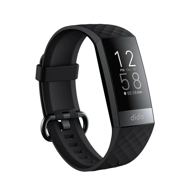 Black smart bracelet with 1.1-inch screen showing health metrics like heart rate and ECG, on a wrist.