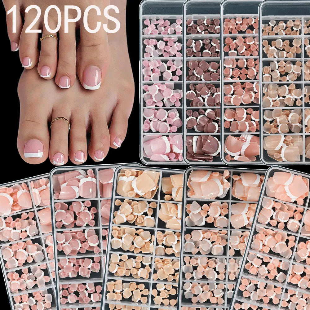 Open box showing 120 French white tip nude square false toe nails in assorted shades.