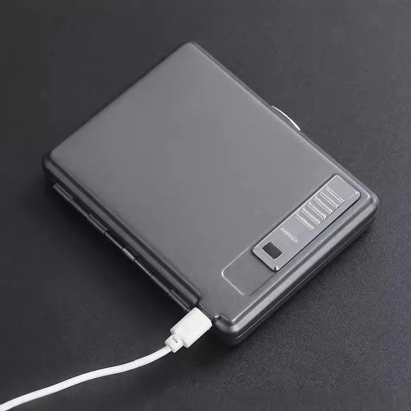 Classic flip charging metal cigarette case lighter with built-in windproof lighter, available in black, gold, and gray.