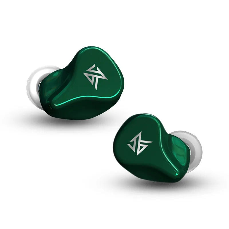 Black and Green Z1 true wireless Bluetooth in-ear headphones with charging case.