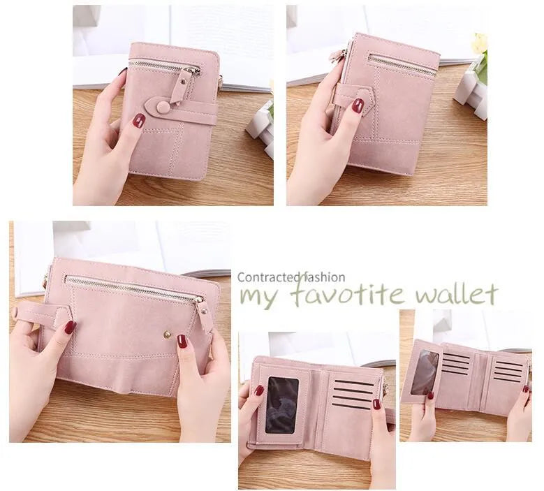 Faux leather standard short wallet with zipper closure, solid colour, showing multiple internal compartments