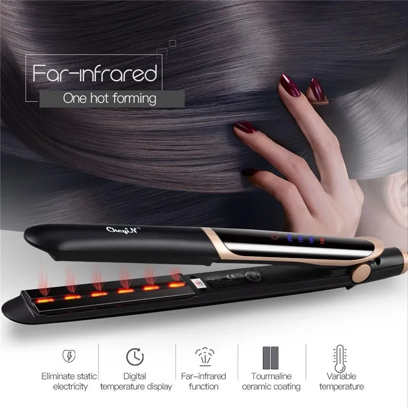 Black ceramic tourmaline negative ion hair straightener curler with LED display and 31cm plate