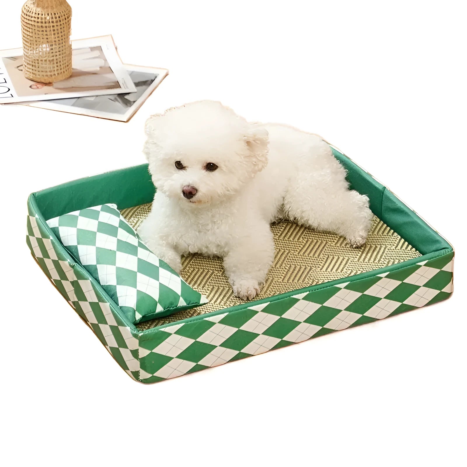Blue woven rattan cat bed with non-slip base placed on a wooden floor.