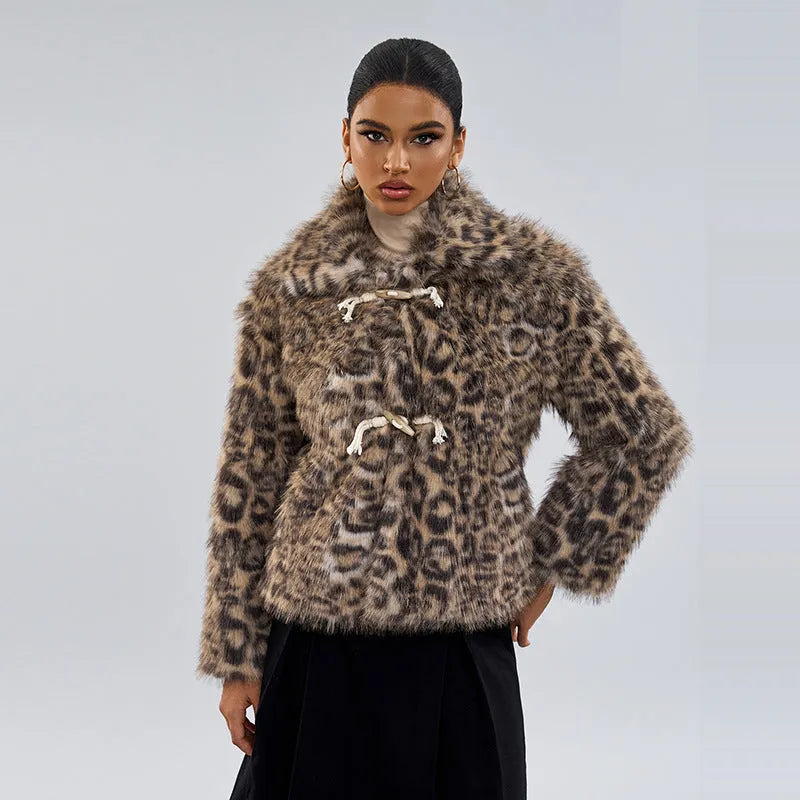 Women's leopard print coat with buckle lapel detail in street fashion style