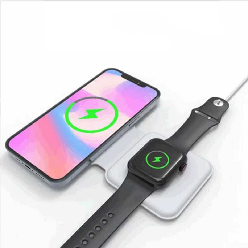 White 2 in 1 magnetic wireless charging dock with foldable design showing dual charging surfaces