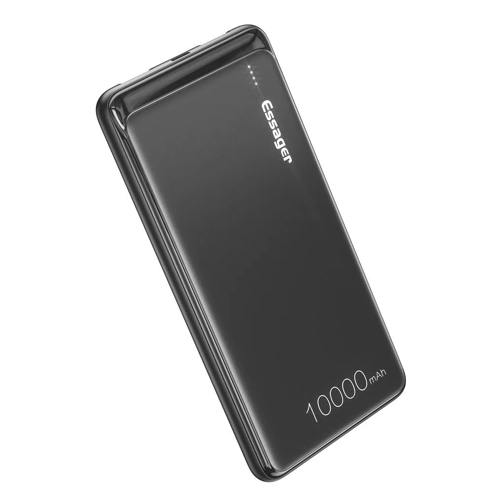 Essager Small Jane black 10000mAh power bank showing dual USB ports and LED indicators