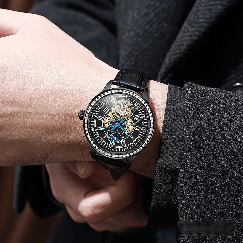 Men's waterproof mechanical watch with stainless steel case, transparent back showing movement, and mineral glass crystal.