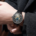 Men's waterproof mechanical watch with stainless steel case, transparent back showing movement, and mineral glass crystal.