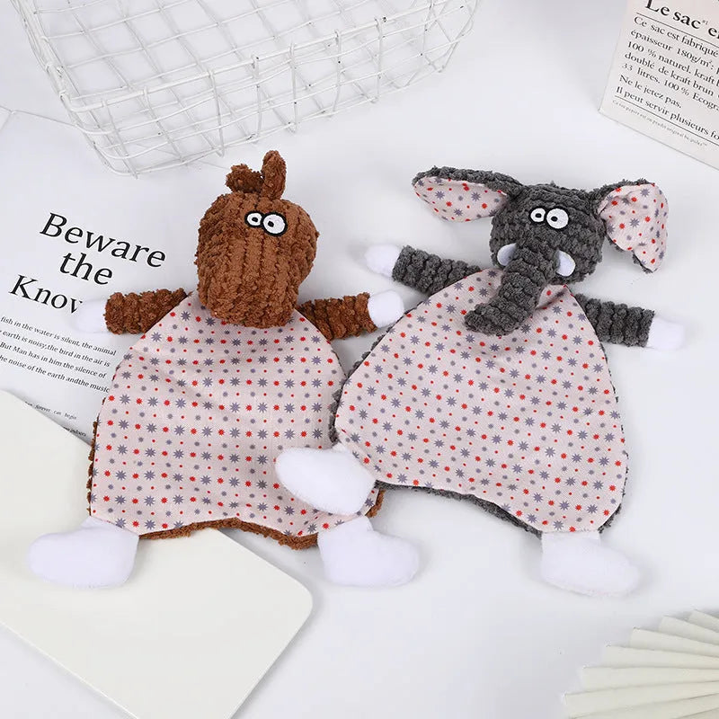 Pet stuffed toy showing fox, elephant, and dinosaur designs in brown, grey, and orange colours with soft velvet material
