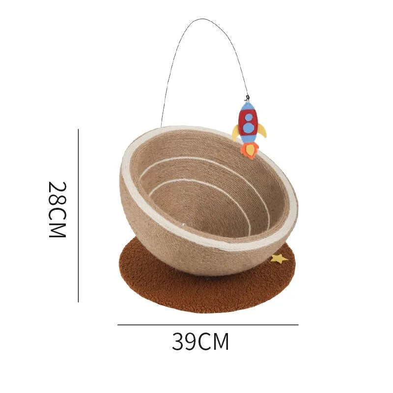Large integrated cat scratching basin and bed with sisal rope surfaces and flannel fabric in starlight design